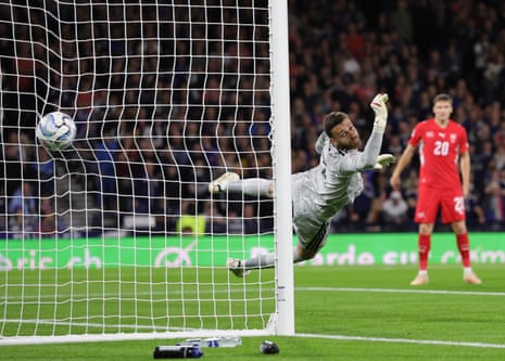 Switzerland's Ricardo Rodriguez opens the scoring with a fine free-kick past Scotland goalkeeper Angus Gunn