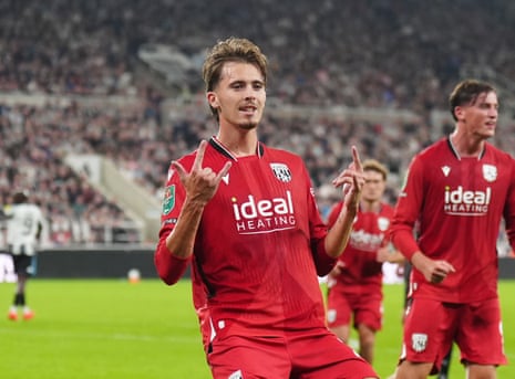 Isaac Price celebrates after scoring his, and West Bromwich Albion’s, second goal of the game.