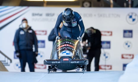 Austria's Katrin Beierl starts on the first run of the women's monobob competition during the IBSF Bob and Skeleton World Cup in Innsbruck.