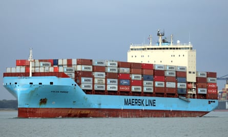 Maersk ship leaving the port of Felixstowe. 