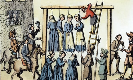 The public hanging of witches in Scotland, with a witchfinder (right) being paid, seen in an engraving from 1678.