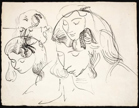 Overlapping pen sketches showing a girl with shoulder-length hair looking downwards, as if she is reading.