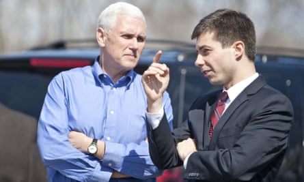Mike Pence speaks to Pete Buttigieg following a Dyngus Day event in South Bend, Indiana, in 2013.