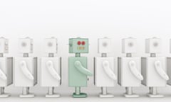 Row of white robots with a coloured one in between, 3D Rendering