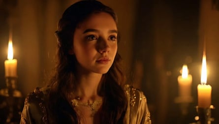 An AI generated woman in a period drama lit by candle light.