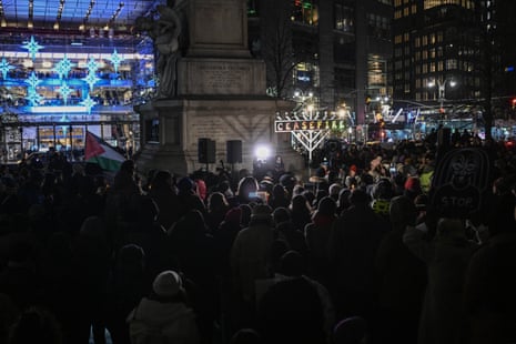 Jewish groups in Columbus Circle in a protest for ceasefire in Gaza as part of a Hanukkah ceremony in New York