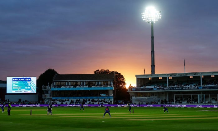The sun sets behind the Spitfire Ground in Canterbury.