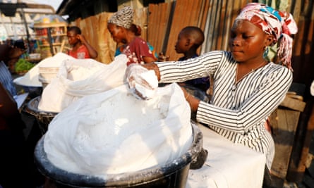 Cassava flour on sale at a market in Bariga district, Lagos, Nigeria.