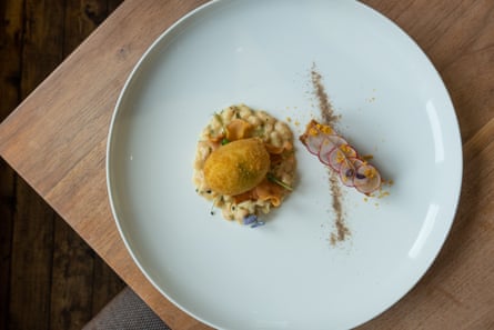 Mr. Pook's Crispy Panko Duck Egg with White Bean Stew and Root Vegetable Crisps: 