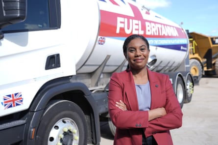 Kemi Badenoch standing in front of an oil tanker truck that reads ‘fuel Britain’ on the side
