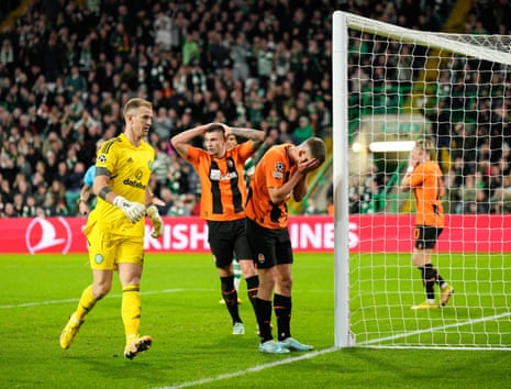 Shakhtar's Danylo Sikan reacts after missing an open goal.