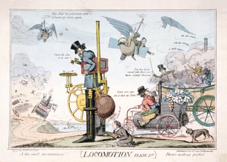 George Cruikshank’s Locomotion. In the centre a man wearing steam-driven boots has ground to a halt, as the fire has gone out. Below him a servant attempts to start a blaze with a pair of bellows. People in other forms of transport are also experiencing difficulties.