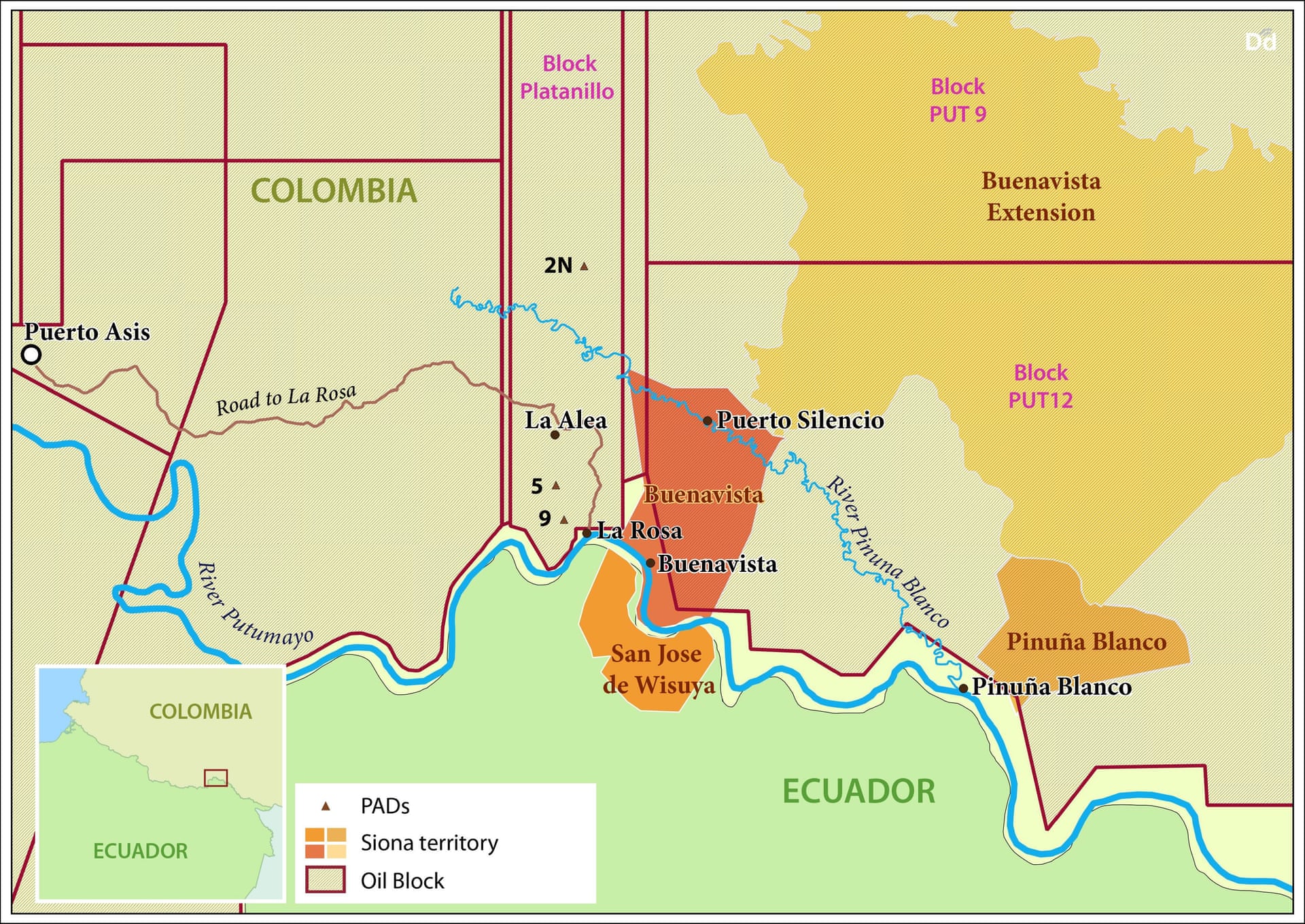 A map of the area showing oil concessions including Putumayo-12 and the Buenavista reserve. Photograph: Map-Digital Democracy