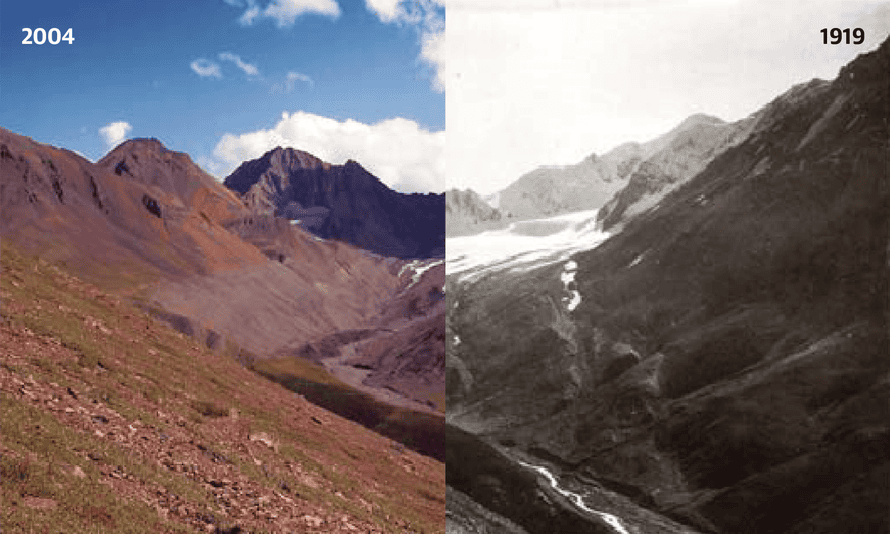 Left: Teklanika Glacier in 2004. Right: Teklanika Glacier in 1919. The easternmost Teklanika glacier has downwasted (surface elevation decreased) about 300ft (91 meters) between 1959 and 2010.