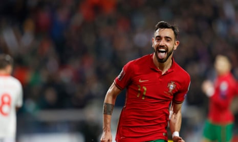 Bruno Fernandes celebrates after scoring his and Portugal’s second goal against North Macedonia.