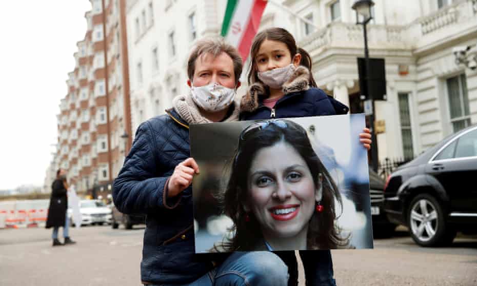 Richard Ratcliffe, husband of Nazanin Zaghari-Ratcliffe, and their daughter Gabriella protest outside the Iranian embassy in London