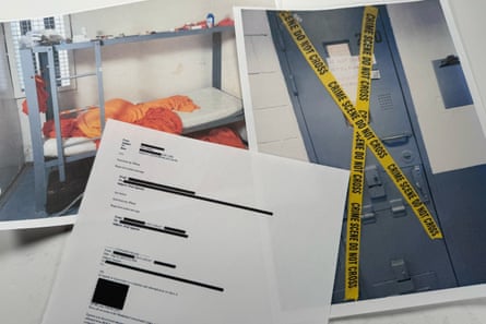 Photo of a printed out email, partially redacted, and photos of Epstein's prison cell