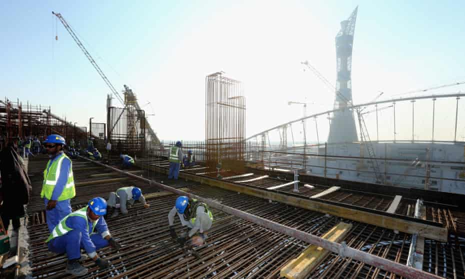 Construction workers at the Khalifa International Stadium ahead of the 2022 FIFA World Cup Qatar