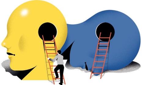 Illustration of step ladders leading into yellow and blue heads