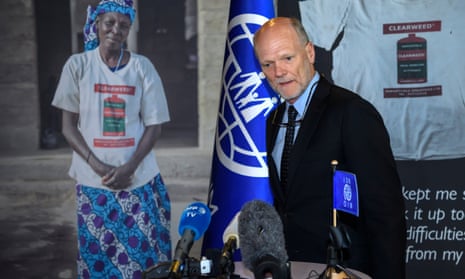 Ken Isaacs speaks a press conference after being eliminated from the election ballot for the new president of the International Organization for Migration (IOM) in Geneva on Thursday.