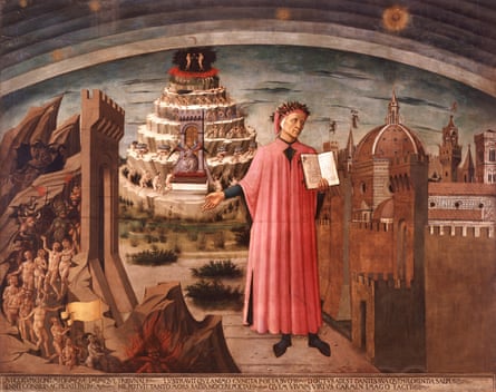 14th century Italian Renaissance poet Dante Alighieri holds his book Divine Comedy against a backdrop of hell, purgatory and paradise in a 1465 painting by Domenico Michelino