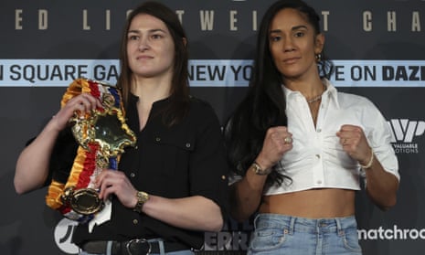 Katie Taylor, left, and Amanda Serrano pose for photographs in London to promote their fight on 30 April