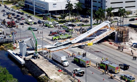 View of the main span of the FIU-Sweetwater University City Bridge which collapsed five days after been installed.