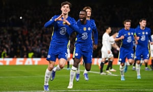 Kai Havertz of Chelsea celebrates with teammate Antonio Rudiger after scoring their team's first goal during the UEFA Champions League Round Of Sixteen Leg One match between Chelsea FC and Lille OSC at Stamford Bridge on February 22, 2022 in London, England. (Photo by Darren Walsh/Chelsea FC via Getty Images)