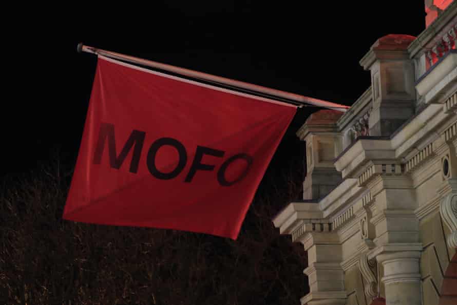 Dark Mofo flags adorn the Hobart Town Hall.