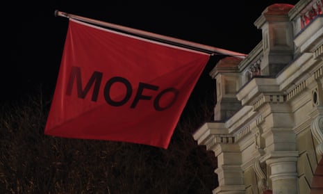 Dark Mofo’s flag flies at the Hobart town hall 