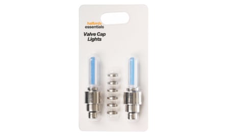 The blue Halfords Essential Kids Bike Valve Cap Lights in their white packaging