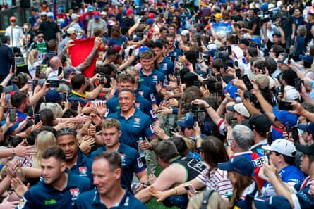 Knights fans greet their team at Martin Place in Sydney.