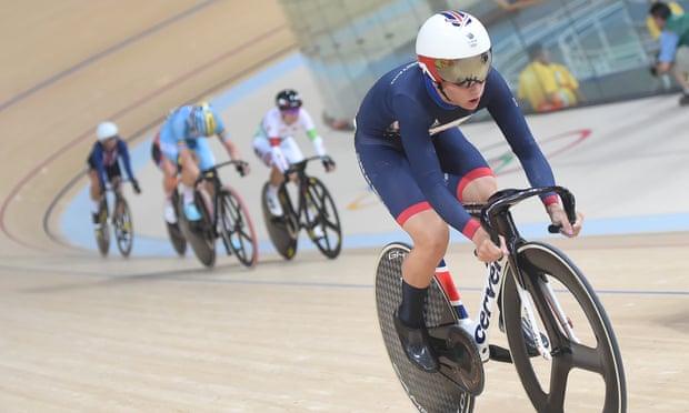Britain’s Laura Trott on her way to winning the omnium gold medal at Rio on 16 August.