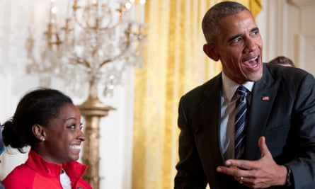 Barack Obama with Simone Biles at the White House, during a ceremony to honour members of the US Olympic teams, 2016