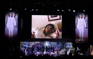 Inside Pallbearers onstage during Nipsey Hussle’s Celebration of Life at STAPLES Center on April 11, 2019 in Los Angeles, California. Nipsey Hussle was shot and killed in front of his store, The Marathon Clothing, on March 31, 2019 in Los Angeles.