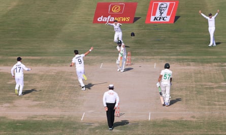 Anderson suggests England’s aggression can pose Australia problems in Ashes | England cricket team 5 Jimmy Anderson wheels away after bowling Pakistan’s Mohammad Rizwan in the second Test