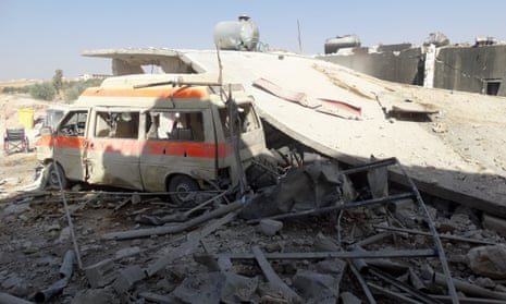 Damage at al-Tah hospital, which collapsed after an airstrike in the Maarrat al-Nu’man district of Idlib