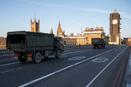 Military vehicles crossing Westminster Bridge in March 2020.