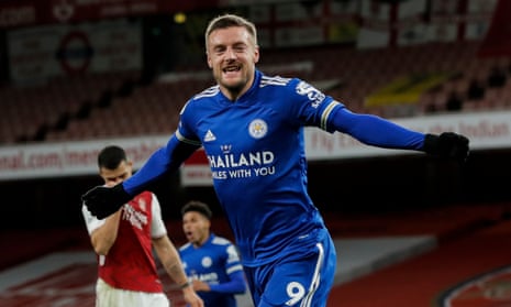 Jamie Vardy of Leicester City scores and celebrates.