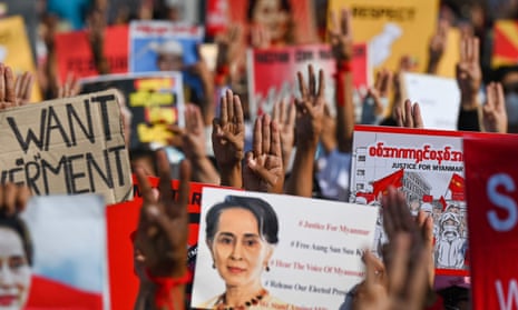Protesters in Myanmar call for the release of the detained civilian leader Aung San Suu Kyi at a demonstration in Yangon.