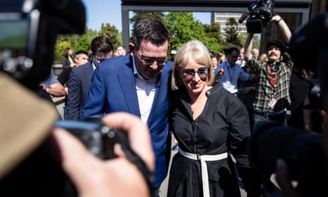 The outgoing Victorian premier, Daniel Andrews, leaves with his wife, Catherine Andrews.