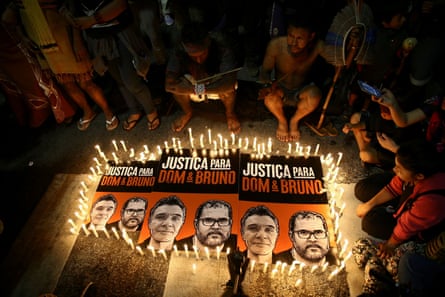 Indigenous people attend a protest in São Paulo, Brazil, demanding justice for Dom Phillips and Bruno Pereira.