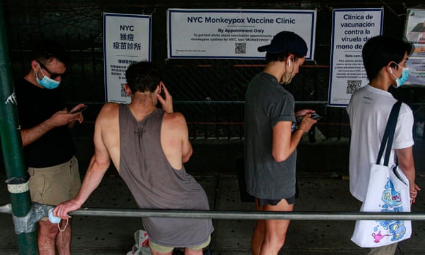 People wait in line to receive the monkeypox vaccine at a center in Bushwick, Brooklyn
