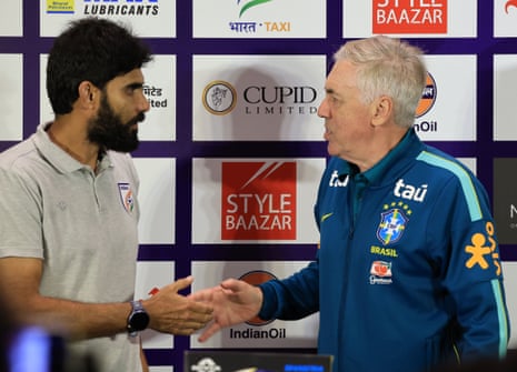 Brazil's head coach Carlo Ancelotti with his India counterpart Khalid Jamil in Kolkata