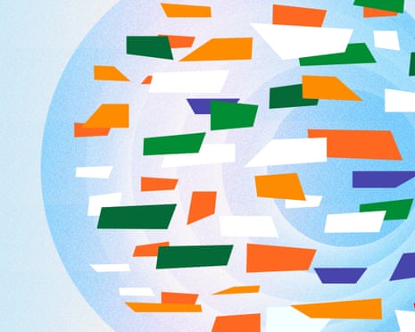 Scattered geometric shapes in orange, green, purple and white against a light blue circular background