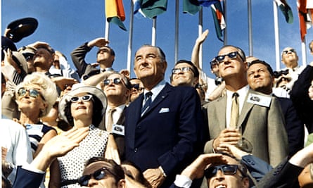 Vice-President Spiro Agnew, right, and former president Lyndon Johnson view the liftoff of Apollo 11 in July 1969.