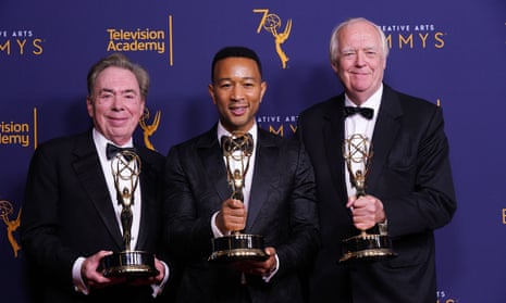 Andrew Lloyd Webber, John Legend, and Tim Rice with their Emmy awards.