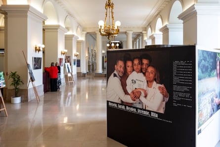 Photographic exhibits showing victims of the attacks, on display in a corridor of the parliament building