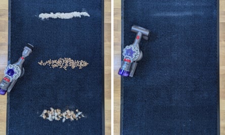 Before (left) and after (right) the Dyson Car Boot Vacum tackled flour, cat treats and pet hair