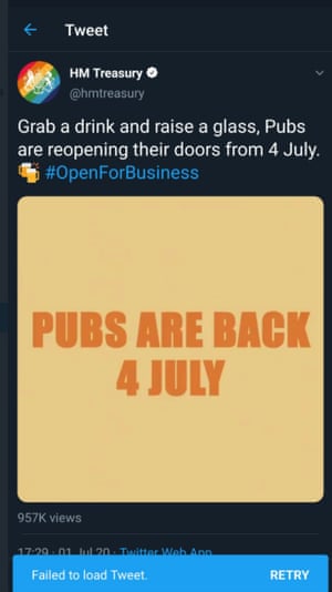 HM Treasury’s official account deleted a tweet saying ‘Pubs are back;.